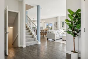 Bright, modern home interior on Fairchild Way featuring an open hallway, carpeted staircase, living room with a white sofa, dining area, and a large potted plant on wood flooring. PHOTOS reveal a door leading to another carpeted staircase downstairs.
