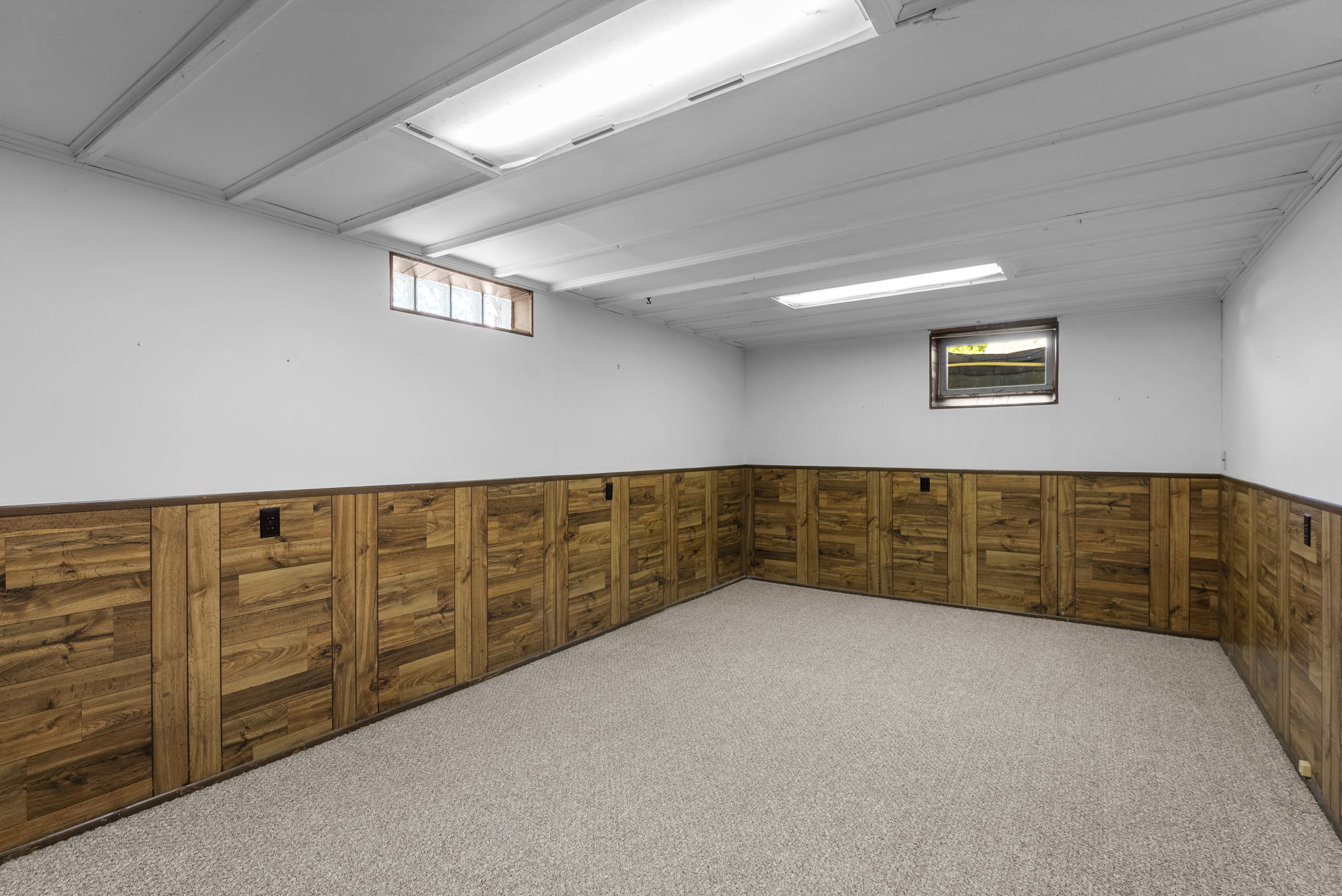 A small, empty basement room with white walls and ceiling, wood paneling on the lower half of the walls, two small windows, and light-colored carpeted flooring. Fluorescent ceiling lights are on.