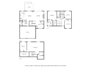 Black and white floor plan of a multi-level house on Fairchild Way showing main, upper, and basement floors. Rooms are labeled with names and dimensions. See PHOTOS for bedrooms, bathrooms, kitchen, living areas, garage, and storage spaces.