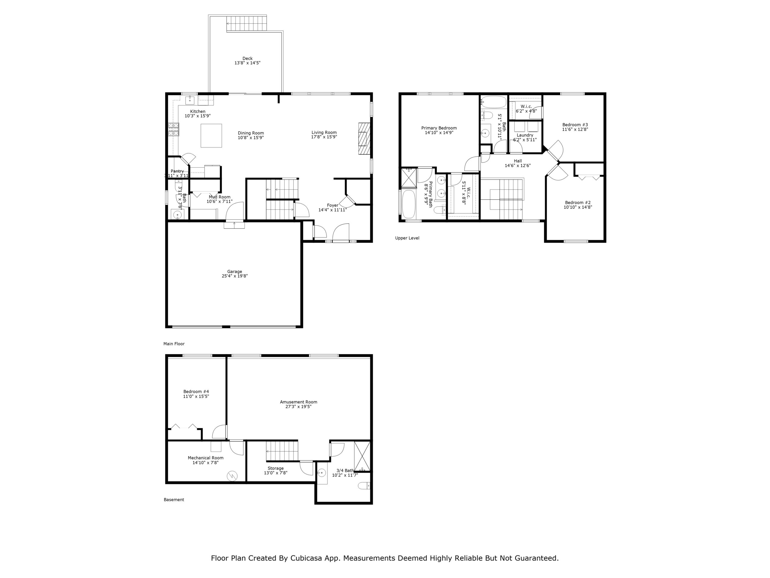 Black and white floor plan of a multi-level house on Fairchild Way showing main, upper, and basement floors. Rooms are labeled with names and dimensions. See PHOTOS for bedrooms, bathrooms, kitchen, living areas, garage, and storage spaces.