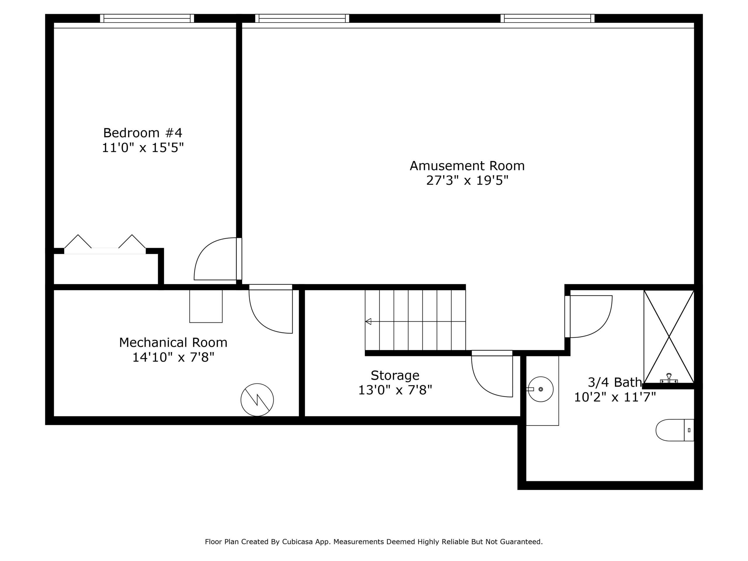 Black and white floor plan of a Fairchild Way basement with labeled rooms: Bedroom #4, Mechanical Room, Amusement Room, Storage, and a 3/4 Bathroom. Doors and walls are clearly marked; dimensions and PHOTOS included for each room.