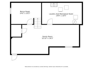 Black and white floor plan of a basement with a family room, bonus room, and laundry/mechanical room. Rooms are labeled with dimensions and doors, stairs, and fixtures are indicated.