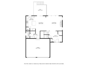 Black and white floor plan for a property listing on Fairchild Way, showing labeled rooms with dimensions: garage, bedroom, bathroom, pantry, kitchen, dining room, living room, stairs, and deck—ideal for reviewing real estate photos.