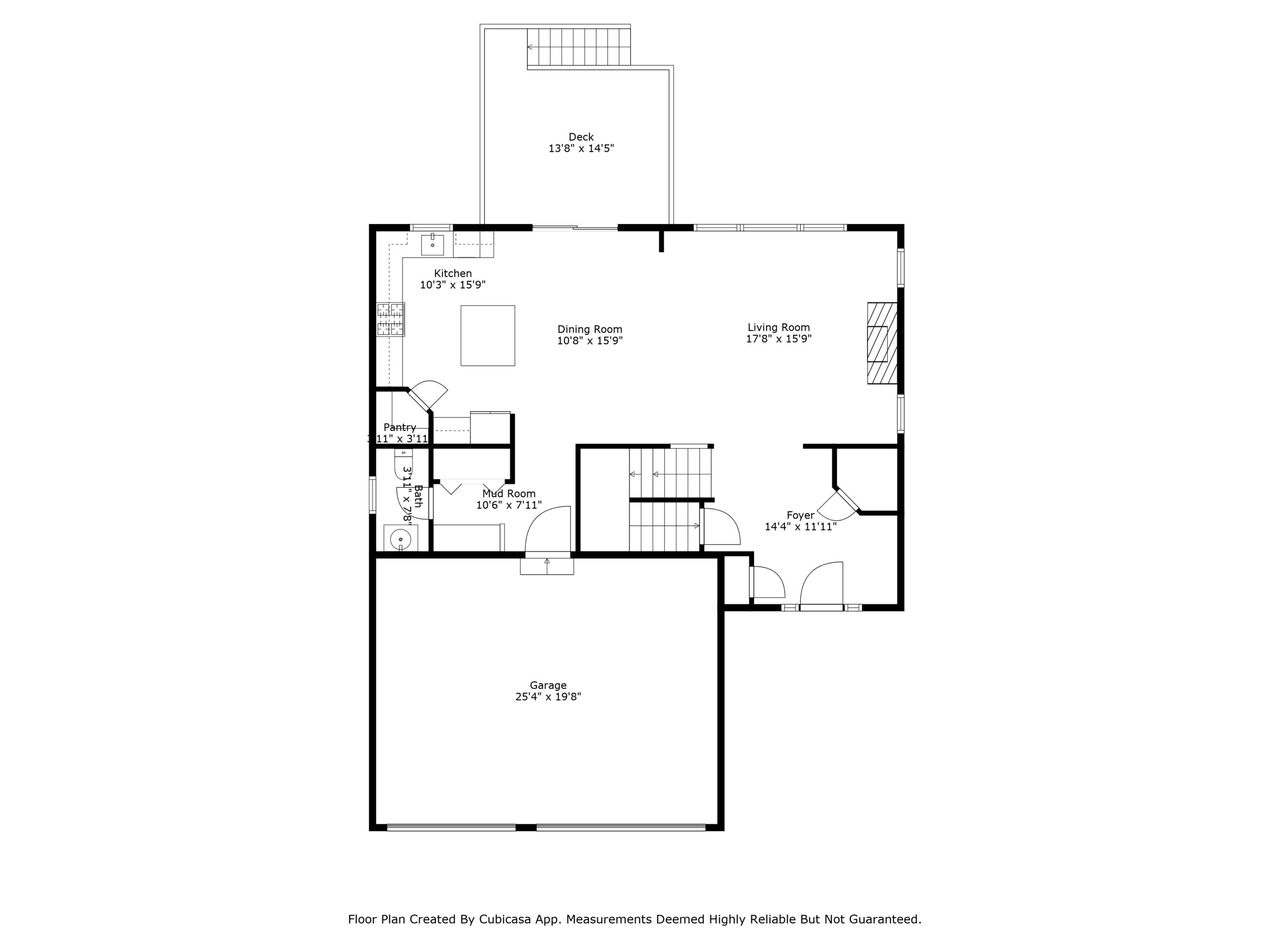 Black and white floor plan for a property listing on Fairchild Way, showing labeled rooms with dimensions: garage, bedroom, bathroom, pantry, kitchen, dining room, living room, stairs, and deck—ideal for reviewing real estate photos.