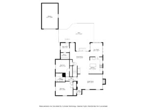 Black and white floor plan of a house featuring a garage, patio, two bedrooms, two bathrooms, kitchen, dining room, living room, laundry room, and closets. Room dimensions are labeled. Measurements disclaimer at bottom.