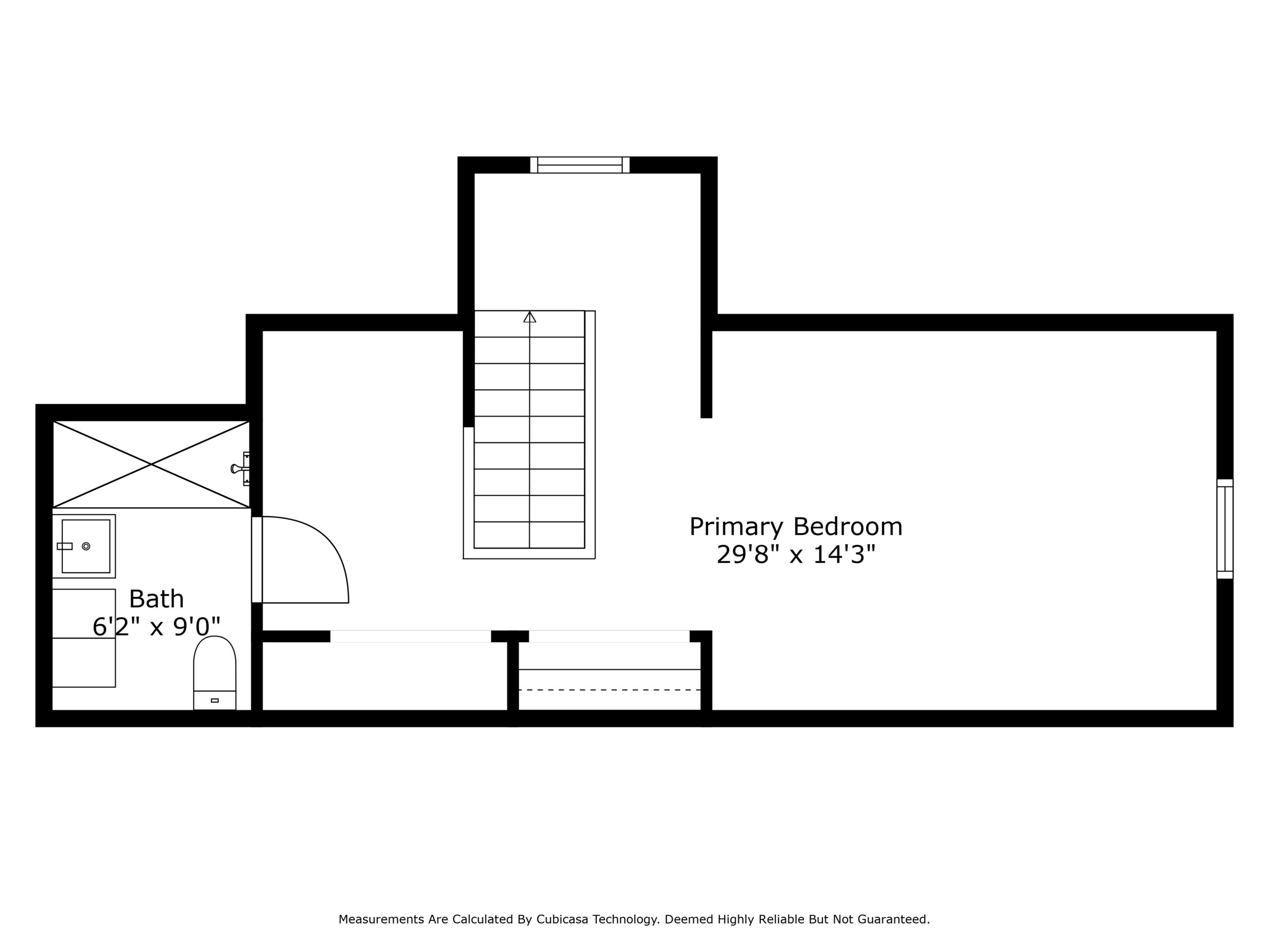Black-and-white floor plan showing a primary bedroom (298 x 143) on the right, a bathroom (62 x 90) on the left, and a staircase in the center, with doors connecting the rooms.
