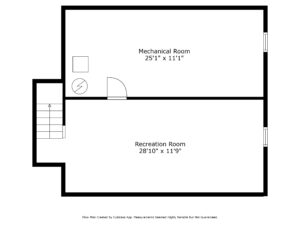 Black and white floor plan of a Minnesota home for sale, showing two rooms: a Mechanical Room (251 x 111) with utility icons, and a larger Recreation Room (2810 x 119). Stairs are on the left. Offered by Beekeeper Realty.