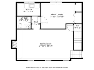 Black and white floor plan of 9333 Colorado Circle in Minnesota, showing a family room, office library, laundry, half bath, and two hallways—all with labeled dimensions and clear door and stair locations. Presented by Beekeeper Realty.