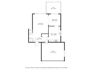 Black and white floor plan of 9333 Colorado Circle, a home for sale by Beekeeper Realty, featuring labeled foyer, living room, dining room, eat-in kitchen, garage, outdoor deck, and stairs near the entrance with clear dimensions.