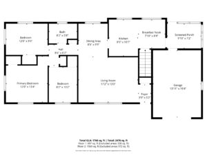 Black and white floor plan of a single-story home showing three bedrooms, two baths, dining and living areas, kitchen with breakfast nook, screened porch, garage, and labeled room dimensions in feet.