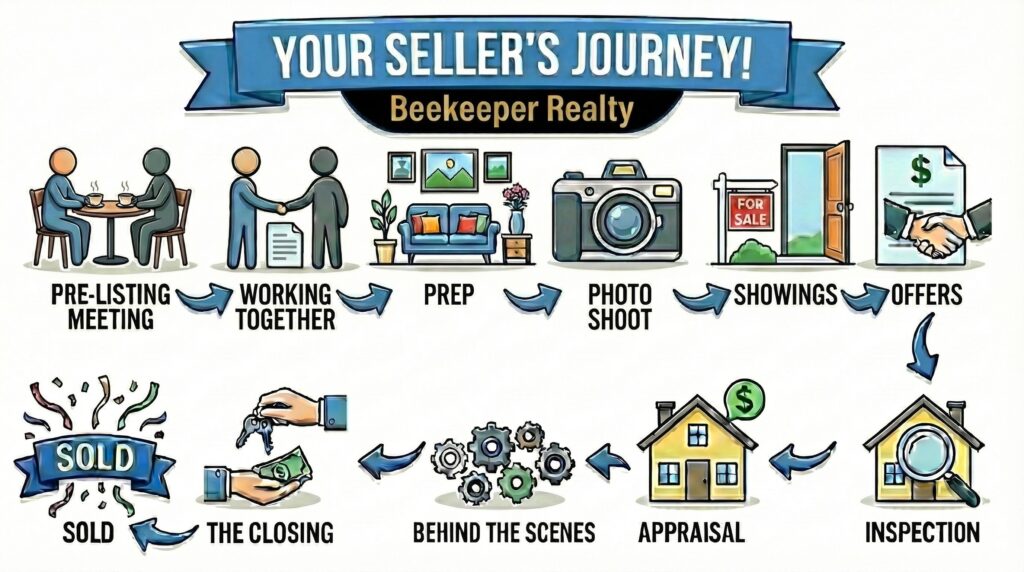A colorful infographic titled Your Seller’s Journey! Beekeeper Realty illustrates the steps of Selling a Home in Twin Cities: pre-listing meeting, working together, prep, photo shoot, showings, offers, inspection, appraisal, behind the scenes, closing, and sold.