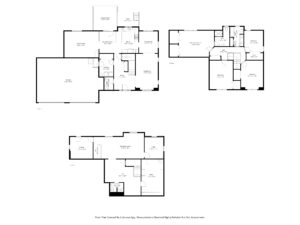 Black and white floor plan of 236 Pine St Lester Prairie MN, featuring two levels with labeled rooms—bedrooms, bathrooms, kitchen, dining, living areas, laundry, garage, entryways, stairs, patio, closets—with doors and windows shown.