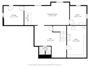 Black and white floor plan of the basement at 236 Pine St Lester Prairie MN, showing labeled rooms—storage, recreation room, office, hall, utility, and bath—with measurements, doors, stairs, and closets included.