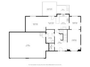 Black and white floor plan for 236 Pine St Lester Prairie MN, featuring a garage, family room, kitchen, breakfast nook, dining room, living room, laundry room, foyer, two decks, stairs, bathroom—all with labeled dimensions.