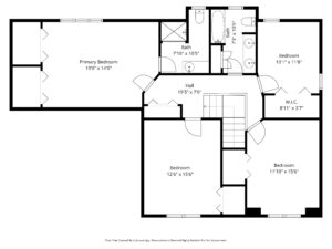 Black and white floor plan of 236 Pine St, Lester Prairie, MN with three bedrooms, two bathrooms, a walk-in closet, and a central hall. Room dimensions are marked; the primary bedroom is largest. Doorways and interior walls are clearly shown.