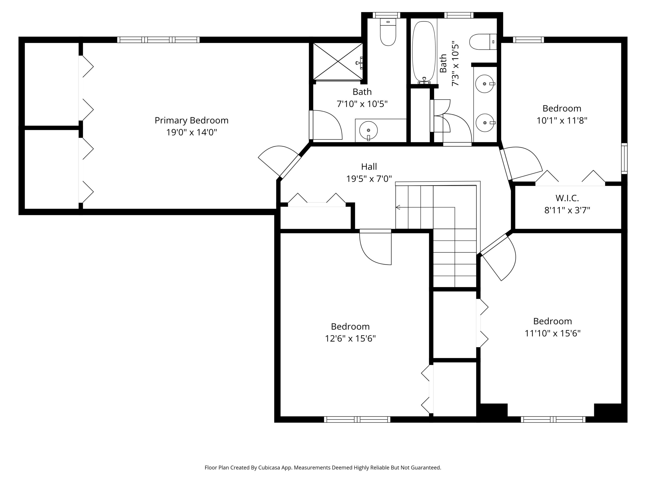 Black and white floor plan of 236 Pine St, Lester Prairie, MN with three bedrooms, two bathrooms, a walk-in closet, and a central hall. Room dimensions are marked; the primary bedroom is largest. Doorways and interior walls are clearly shown.