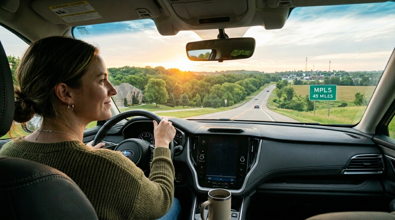 A woman drives a car down a scenic rural road at sunset, passing a green road sign reading “MPLS 45 MILES,” with trees, houses, and the address 236 Pine St Lester Prairie MN along the glowing horizon.