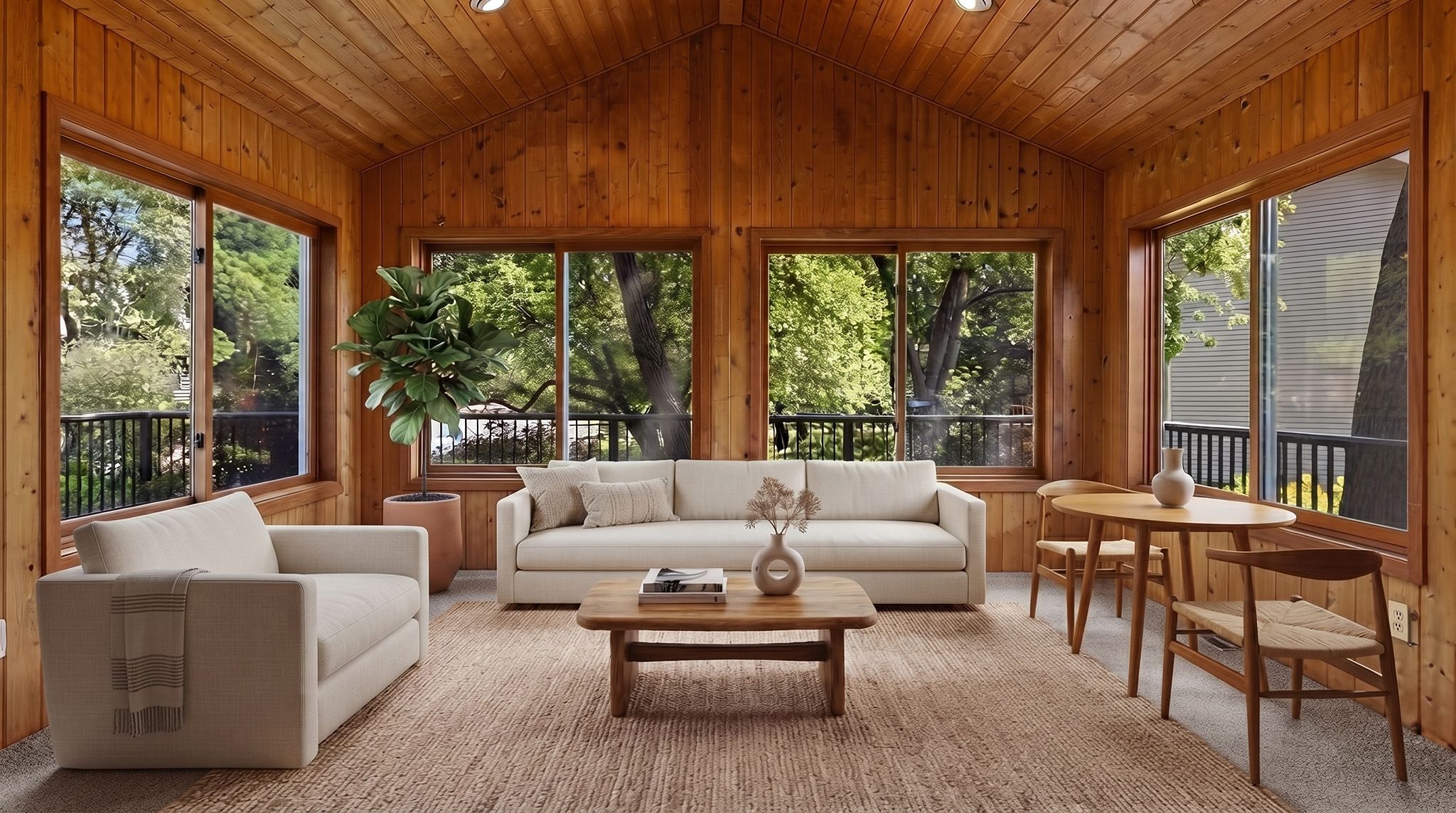 A cozy sunroom with wood-paneled walls and ceiling, large windows, beige sofa, armchair, wooden coffee table, dining set, and a potted plant. Natural light fills the space and greenery is visible outside.