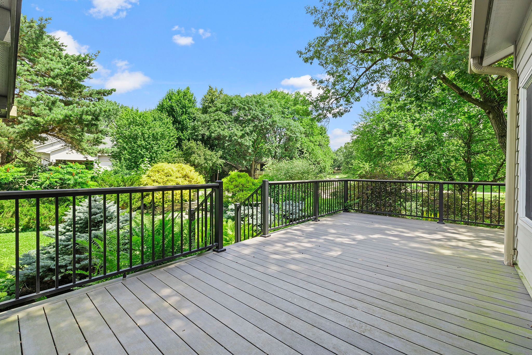 Spacious wooden deck with black railing overlooking a lush, green backyard with trees and shrubs under a bright, blue sky with scattered clouds.