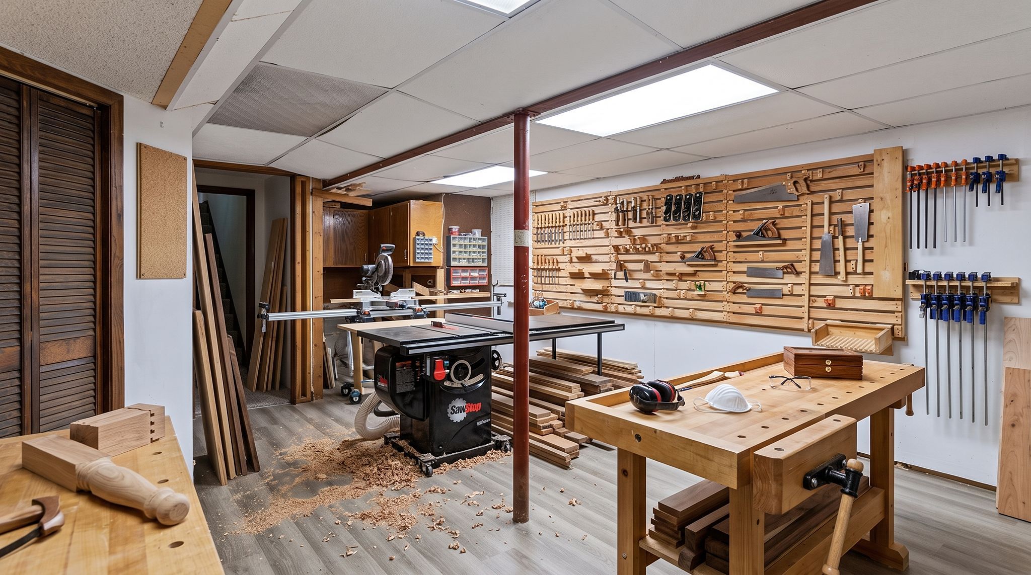 A well-organized woodworking shop with wooden workbenches, tools mounted on the walls, wood pieces stacked, a table saw, clamps, and safety gear on the bench. Wood shavings are scattered on the floor.