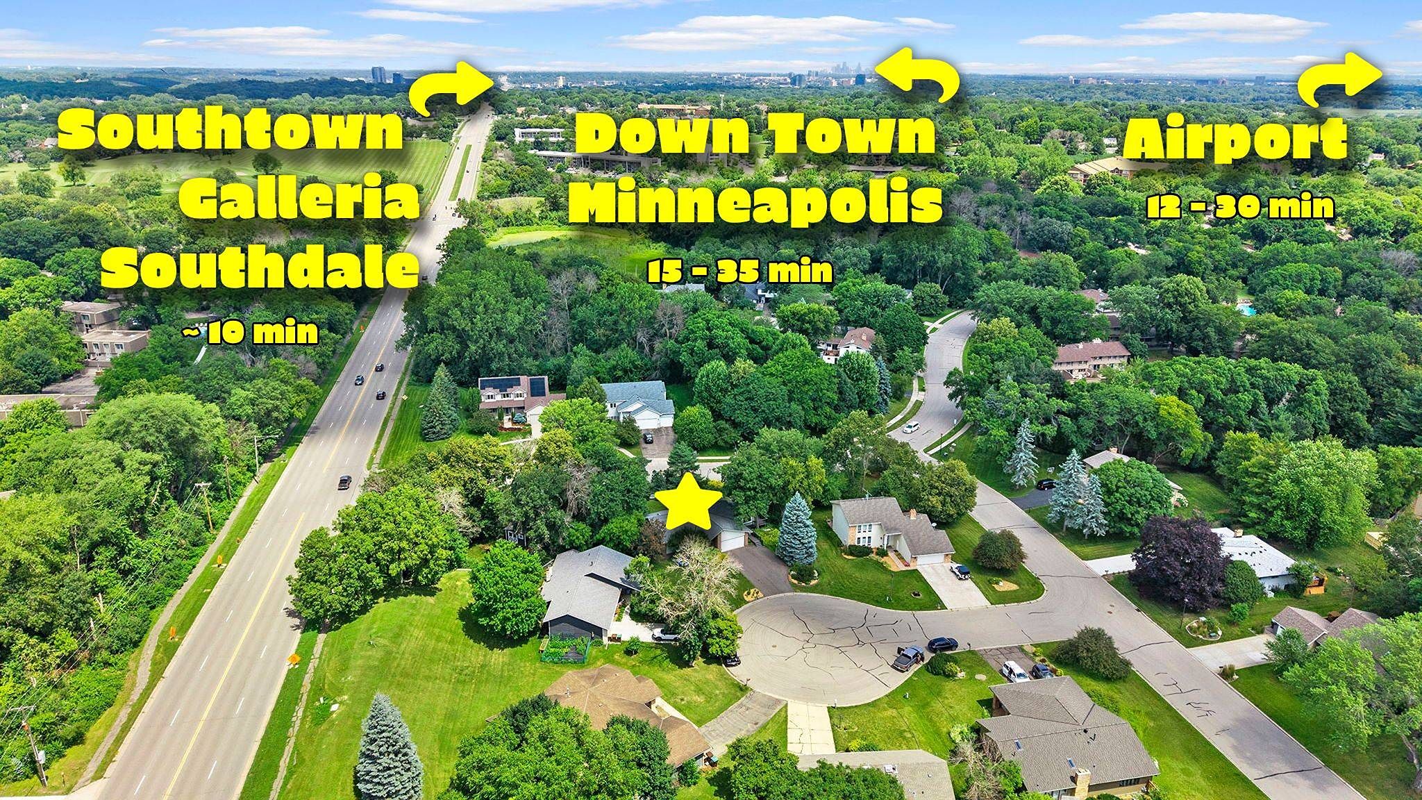 Aerial view of a suburban neighborhood with arrows and text labeling driving times to Southtown Galleria/Southdale, Downtown Minneapolis, and the Airport. A yellow star marks a house in the cul-de-sac.