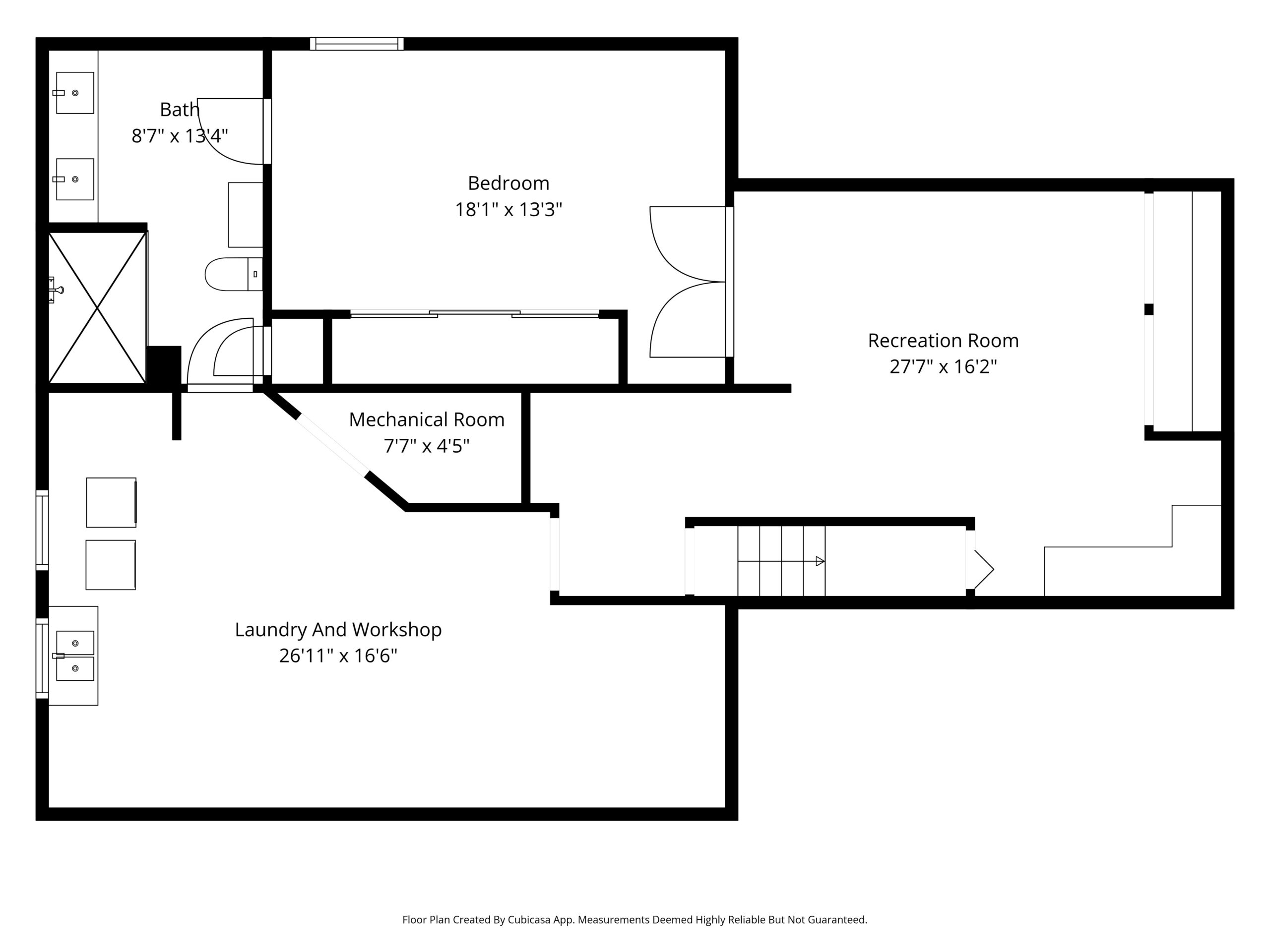 Black and white floor plan showing a bedroom, bath, mechanical room, laundry and workshop, and a large recreation room, with clearly labeled room dimensions and door placements.