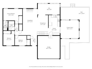 Black-and-white floor plan showing a primary bedroom, two bedrooms, living room, dining room, kitchen, den, 3-season porch, deck, garage, and two bathrooms, with room measurements labeled throughout.