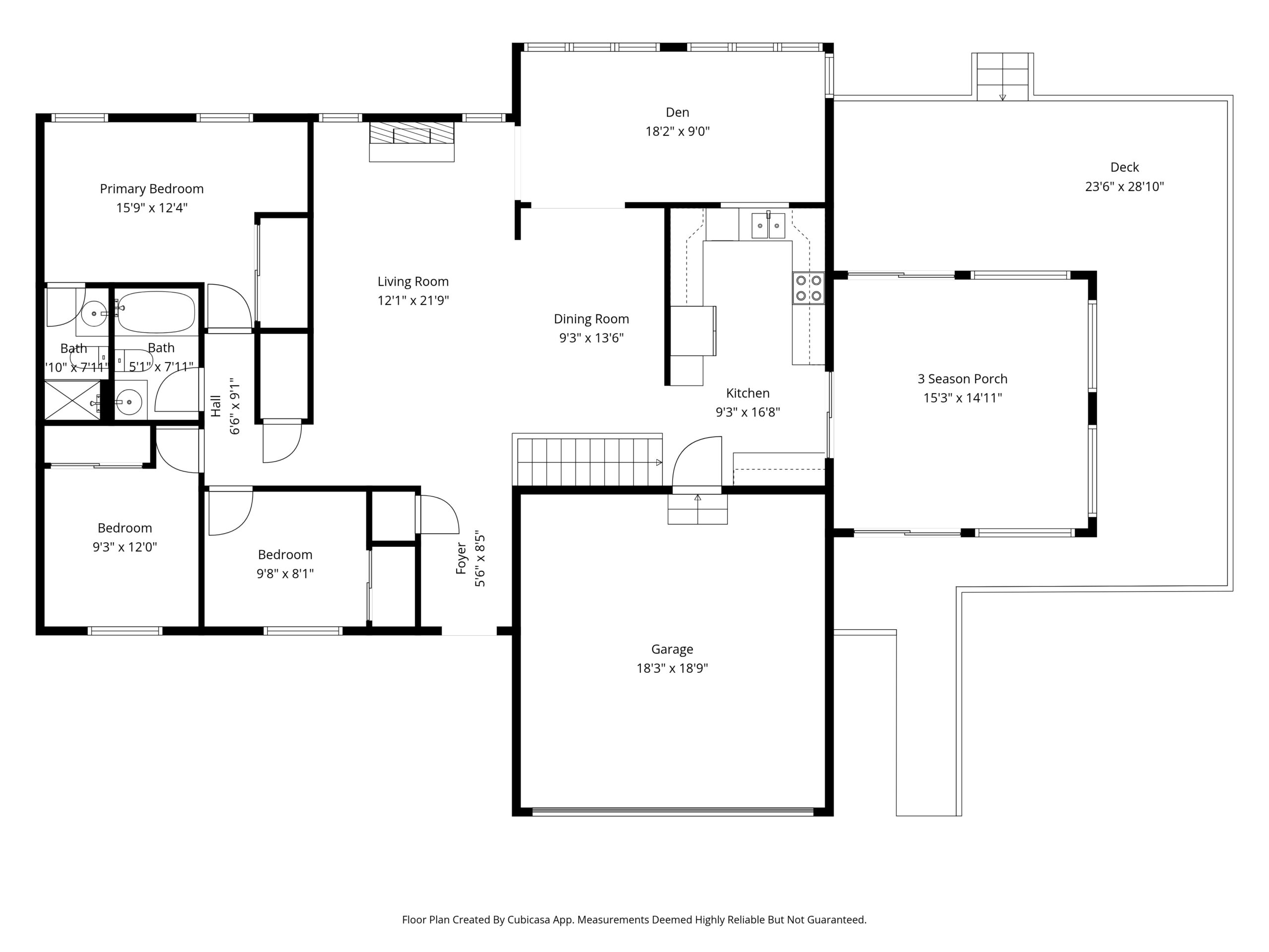 Black-and-white floor plan showing a primary bedroom, two bedrooms, living room, dining room, kitchen, den, 3-season porch, deck, garage, and two bathrooms, with room measurements labeled throughout.